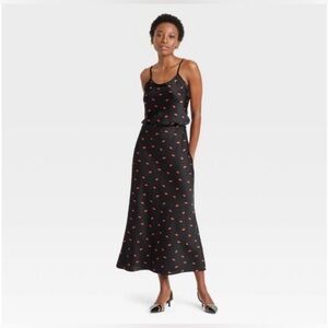 💋 Sassy Women’s XL Black Sateen Silky A-Line Midi Skirt Red Lip Accents